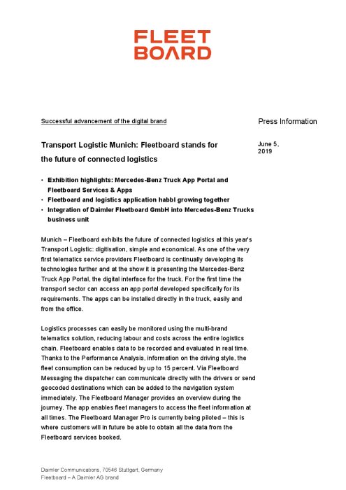 Successful advancement of the digital brand: Transport Logistic Munich: Fleetboard stands for the future of connected logistics