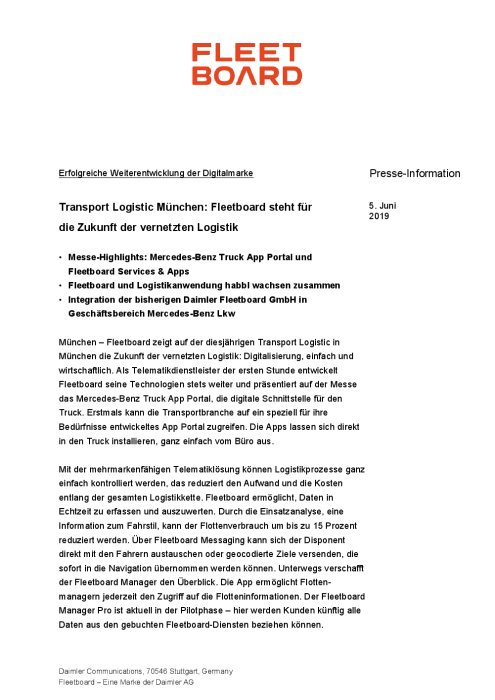 Erfolgreiche Weiterentwicklung der Digitalmarke: Transport Logistic München: Fleetboard steht für die Zukunft der vernetzten Logistik