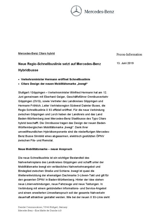 Mercedes-Benz Citaro hybrid: Neue Regio-Schnellbuslinie setzt auf Mercedes-Benz Hybridbusse