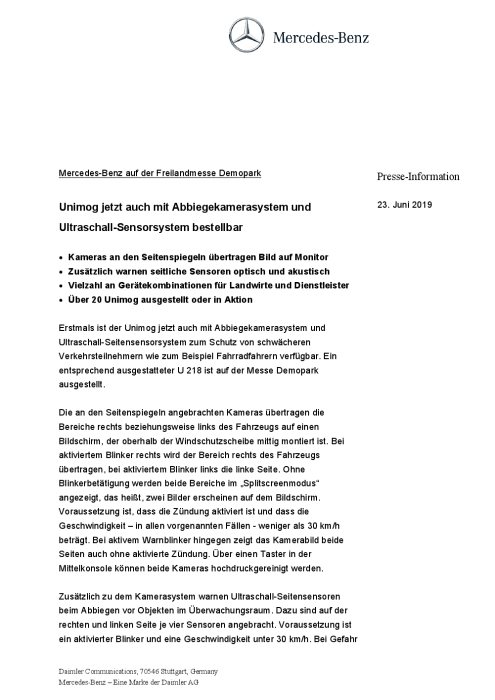 Mercedes-Benz auf der Freilandmesse Demopark: Unimog jetzt auch mit Abbiegekamerasystem und Ultraschall-Sensorsystem bestellbar