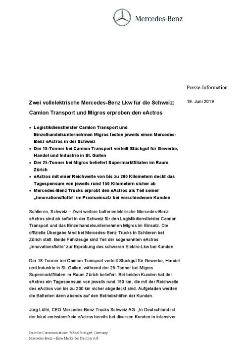 Zwei vollelektrische Mercedes-Benz Lkw für die Schweiz: Camion Transport und Migros erproben den eActros