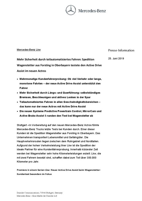 Mehr Sicherheit durch teilautomatisiertes Fahren: Spedition Wagenstetter aus Forsting in Oberbayern testete den Active Drive Assist im neuen Actros