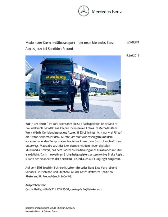 Modernster Stern im Silotransport – der neue Mercedes-Benz Actros jetzt bei Spedition Freund