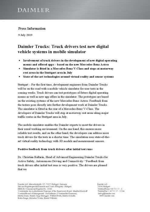 Daimler Trucks: Truck drivers test new digital vehicle systems in mobile simulator