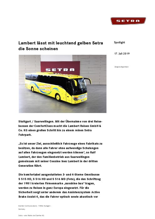 Lambert lässt mit leuchtend gelben Setra die Sonne scheinen