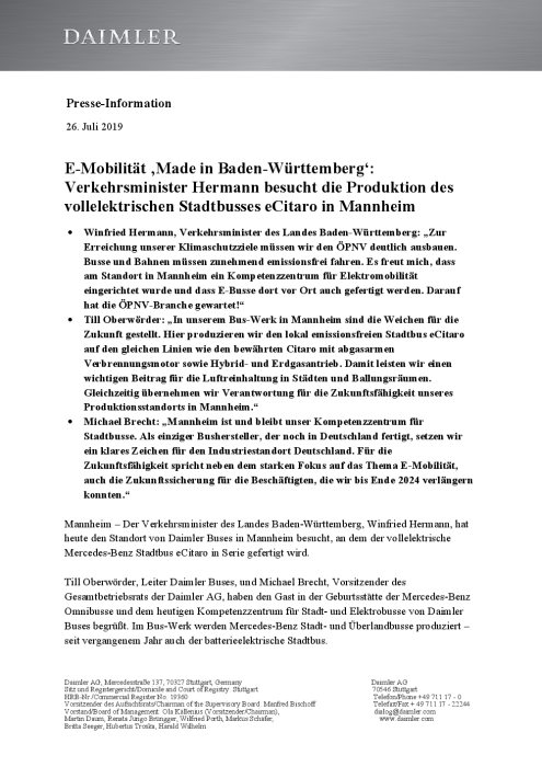 E-Mobilität ‚Made in Baden-Württemberg‘: Verkehrsminister Hermann besucht die Produktion des vollelektrischen Stadtbusses eCitaro in Mannheim