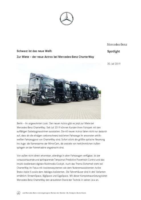 Schwarz ist das neue Weiß: Zur Miete – der neue Actros bei Mercedes-Benz CharterWay