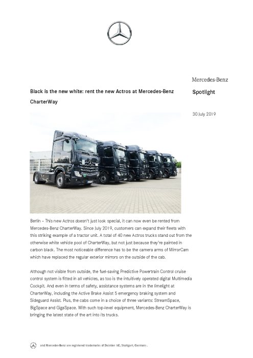 Black is the new white: rent the new Actros at Mercedes-Benz CharterWay
