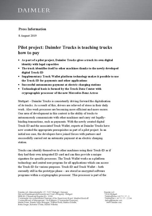 Pilot project: Daimler Trucks is teaching trucks how to pay