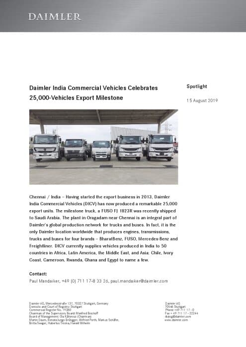 Daimler India Commercial Vehicles Celebrates 25,000-Vehicles Export Milestone