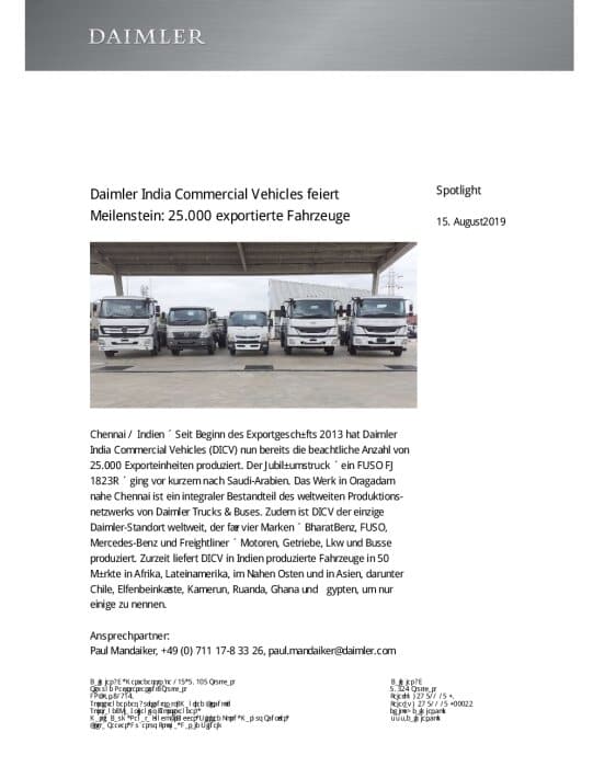 Daimler India Commercial Vehicles feiert Meilenstein: 25.000 exportierte Fahrzeuge