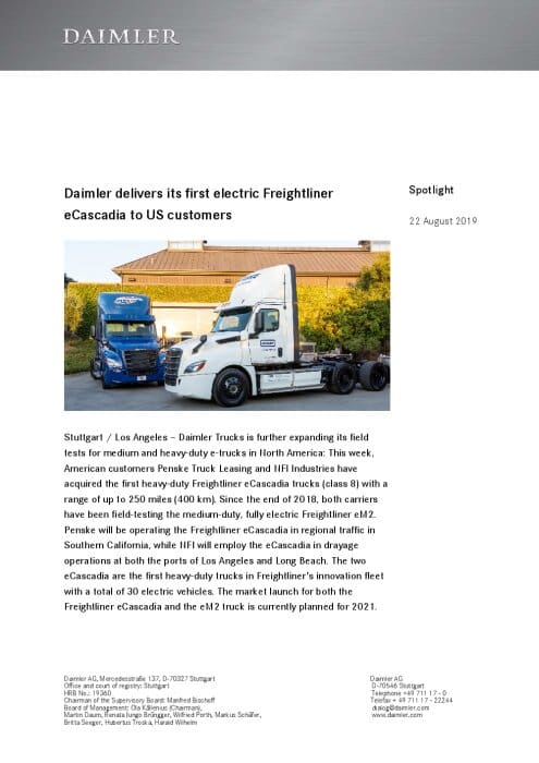 Daimler delivers its first electric Freightliner eCascadia to US customers