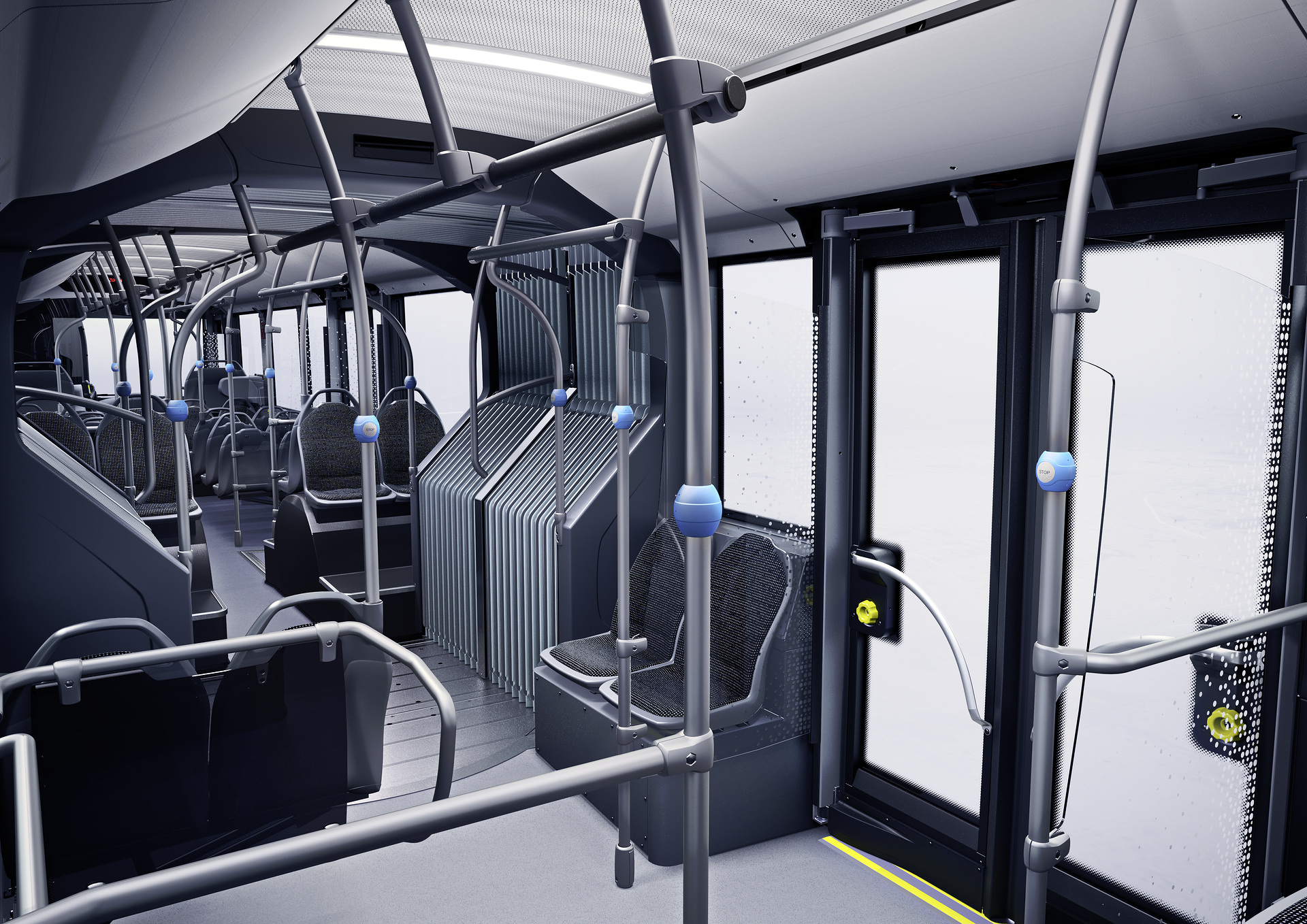 Mercedes-Benz eCitaro G mit vollelektrischem Antrieb, Interieur, Sitzbezüge: Schwarz-grau, Beförderungskapazität: 1/157, 2 x elektrischer Radnabenmotor, 2 x 125 kW, 2 x 485 Nm, 12 HV-Batterie Baugruppen (Lithium-Ionen) oder 7 Feststoff-Batterien, 24 kWh pro HV-Batterie Baugruppe oder 63 kWh pro Feststoff-Batterie Mercedes-Benz eCitaro G