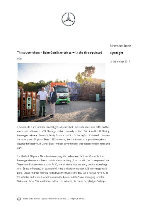 Thirst-quenchers – Behn Getränke drives with the three-pointed star