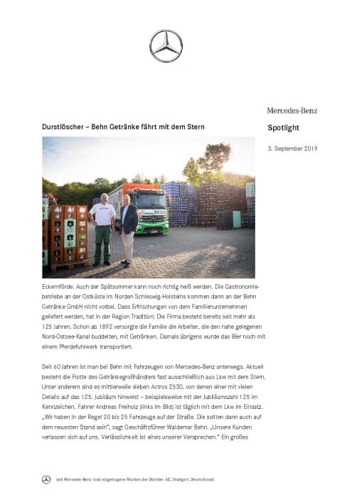 Durstlöscher – Behn Getränke fährt mit dem Stern