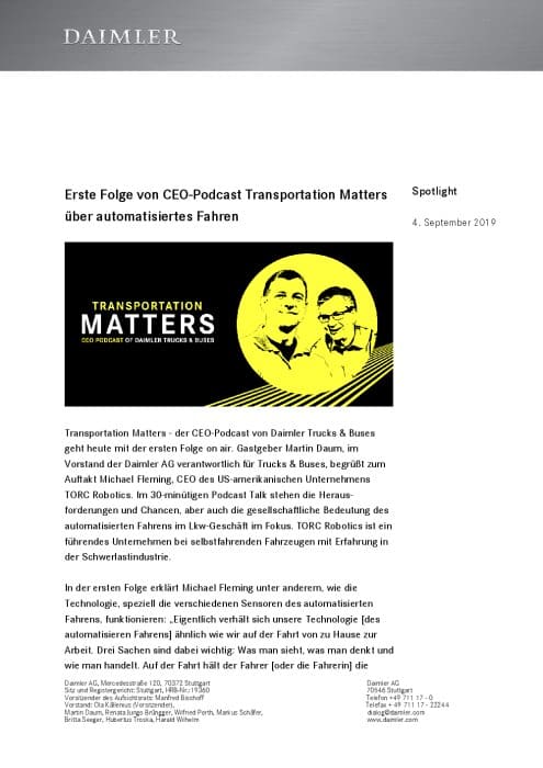 Erste Folge von CEO-Podcast Transportation Matters über automatisiertes Fahren