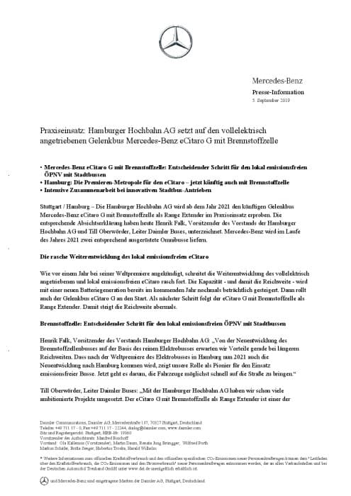 Praxiseinsatz: Hamburger Hochbahn AG setzt auf den vollelektrisch angetriebenen Gelenkbus Mercedes-Benz eCitaro G mit Brennstoffzelle
