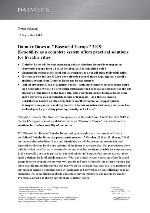 ENGLISCH: Daimler Buses at "Busworld Europe" 2019:  E-mobility as a complete system offers practical solutions for liveable cities