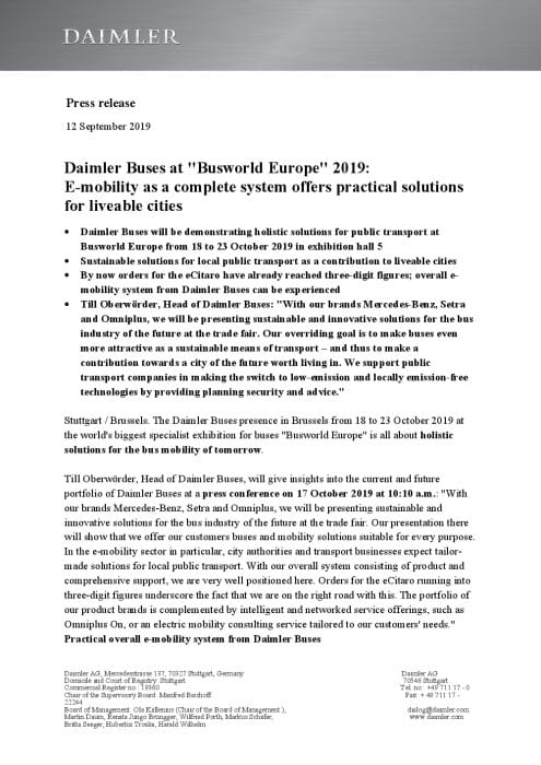 ENGLISCH: Daimler Buses at "Busworld Europe" 2019: E-mobility as a complete system offers practical solutions for liveable cities
