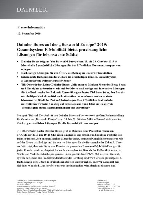 GERMAN: Daimler Buses auf der „Busworld Europe“ 2019: Gesamtsystem E-Mobilität bietet praxistaugliche Lösungen für lebenswerte Städte