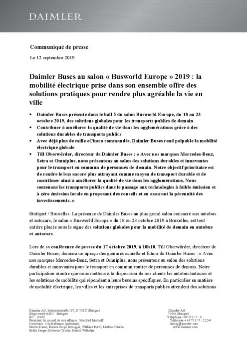 FRENCH: Daimler Buses au salon « Busworld Europe » 2019 : la mobilité électrique prise dans son ensemble offre des solutions pratiques pour rendre plus agréable la vie en ville