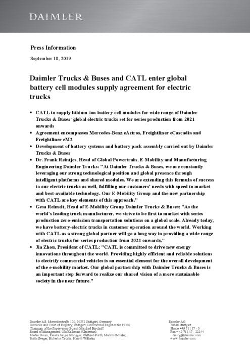 Daimler Trucks & Buses and CATL enter global battery cell modules supply agreement for electric trucks