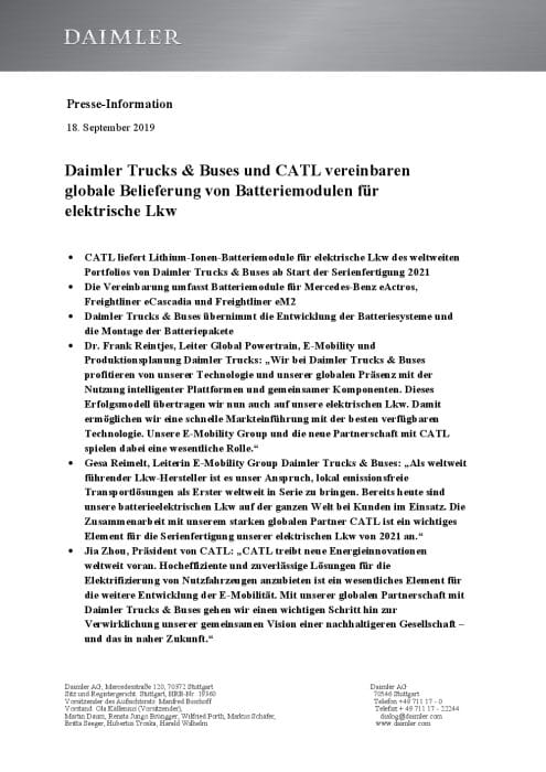 Daimler Trucks & Buses und CATL vereinbaren globale Belieferung von Batteriemodulen für elektrische Lkw