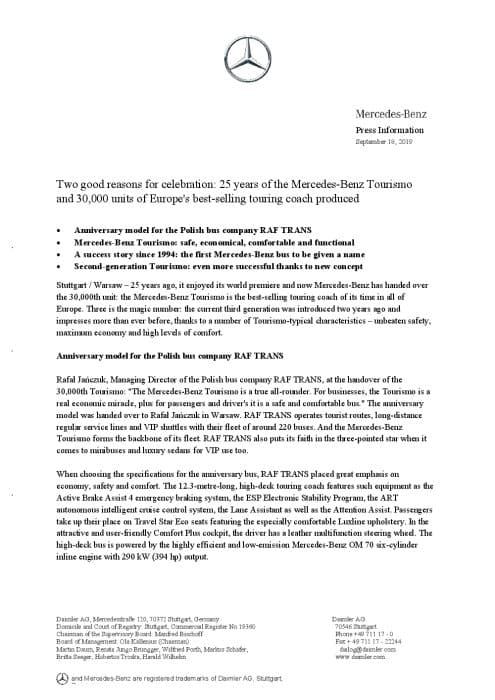 Two good reasons for celebration: 25 years of the Mercedes Benz Tourismo and 30,000 units of Europe's best-selling touring coach produced