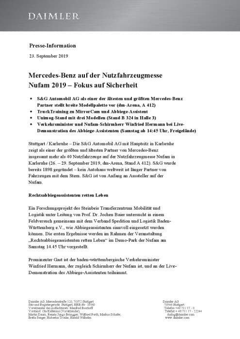 Mercedes-Benz auf der Nutzfahrzeugmesse Nufam 2019 – Fokus auf Sicherheit