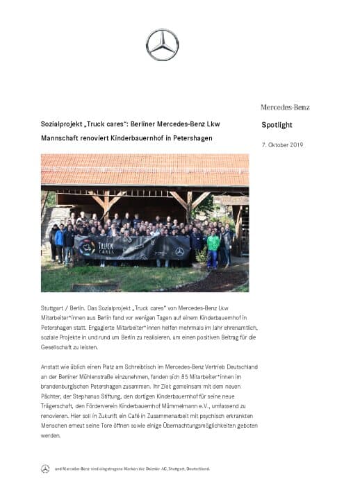 Sozialprojekt „Truck cares“: Berliner Mercedes-Benz Lkw Mannschaft renoviert Kinderbauernhof in Petershagen