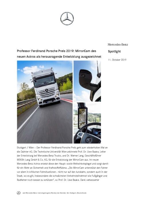 Professor Ferdinand Porsche Preis 2019: MirrorCam des neuen Actros als herausragende Entwicklung ausgezeichnet