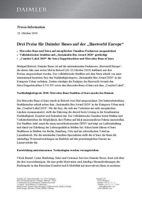 Drei Preise für Daimler Buses auf der „Busworld Europe“