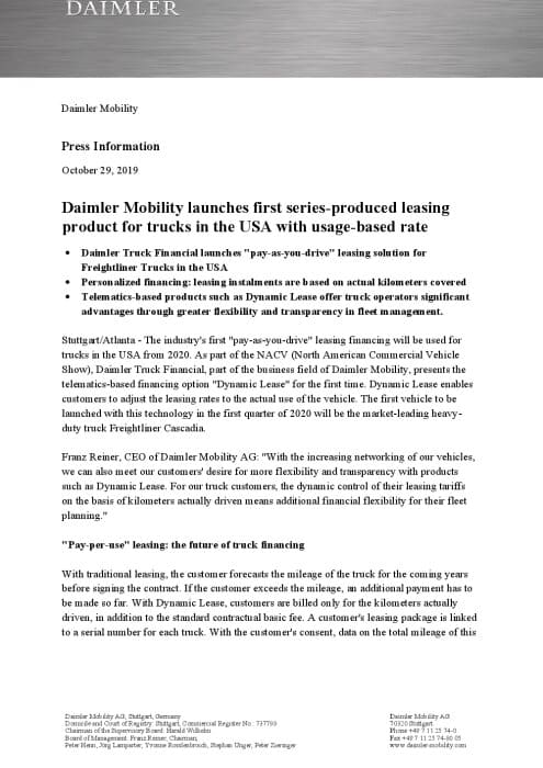 Daimler Mobility launches first series-produced leasing product for trucks in the USA with usage-based rate