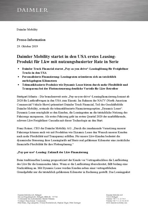 Daimler Mobility startet in den USA erstes Leasing-Produkt für Lkw mit nutzungsbasierter Rate in Serie