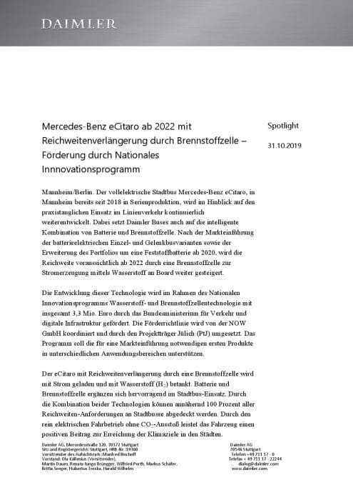 Mercedes-Benz eCitaro ab 2022 mit Reichweitenverlängerung durch Brennstoffzelle – Förderung durch Nationales Innnovationsprogramm