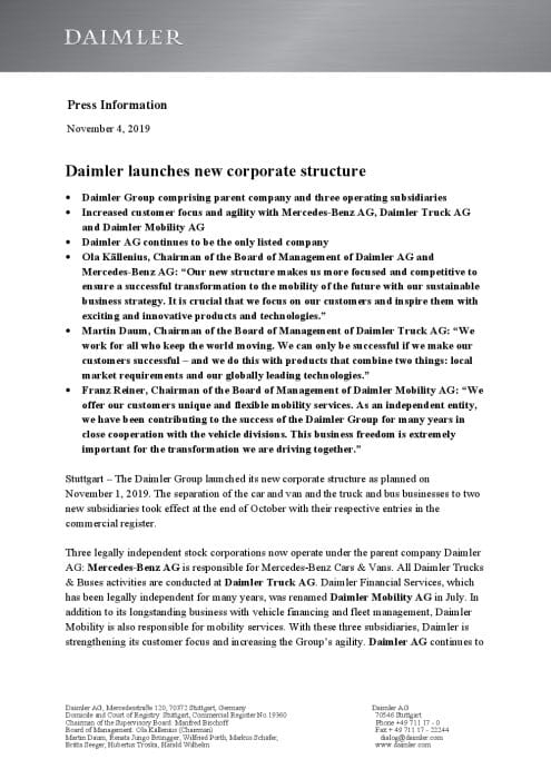 Daimler launches new corporate structure
