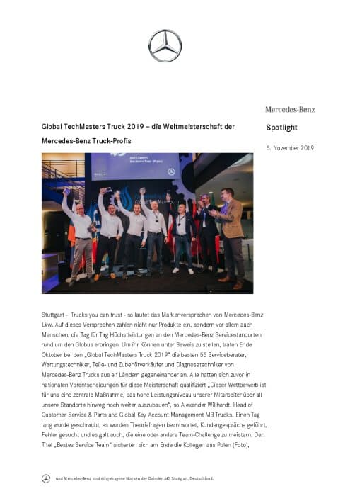 Global TechMasters Truck 2019 – die Weltmeisterschaft der Mercedes-Benz Truck-Profis