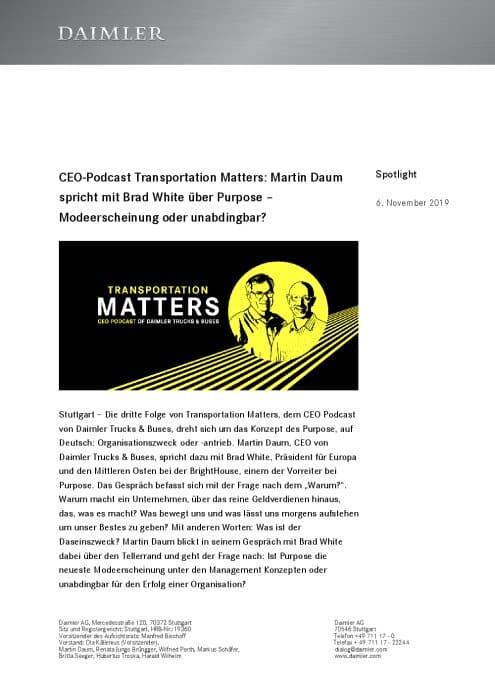 CEO-Podcast Transportation Matters: Martin Daum spricht mit Brad White über Purpose – Modeerscheinung oder unabdingbar?