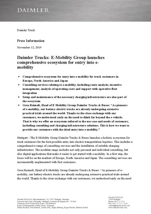 Daimler Trucks: E-Mobility Group launches comprehensive ecosystem for entry into e-mobility