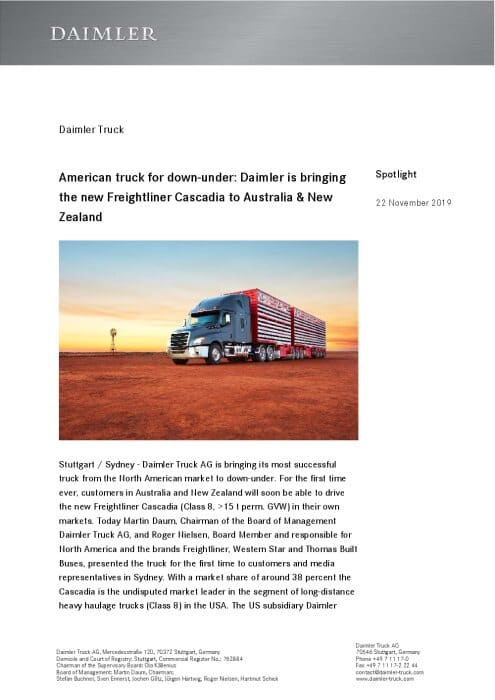 American truck for down-under: Daimler is bringing the new Freightliner Cascadia to Australia & New Zealand