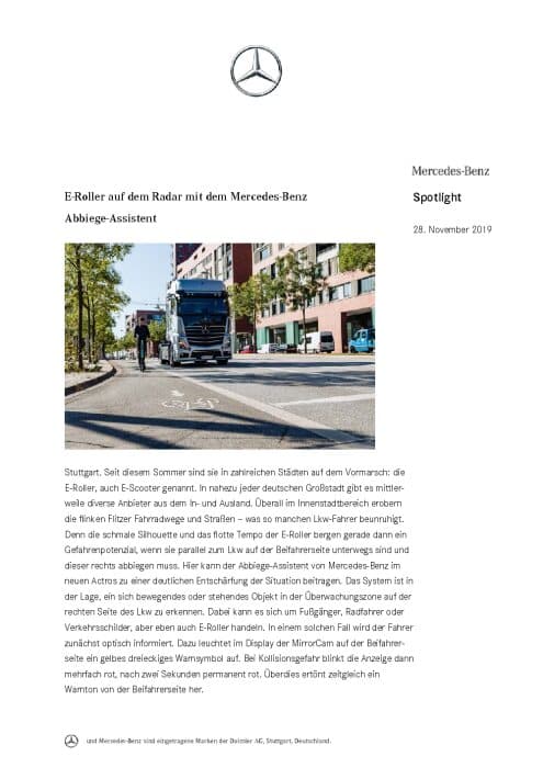 E-Roller auf dem Radar mit dem Mercedes-Benz Abbiege-Assistent