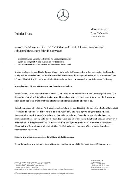 Rekord für Mercedes-Benz: 55.555 Citaro – der vollelektrisch angetriebene Jubiläumsbus eCitaro fährt in Schweden