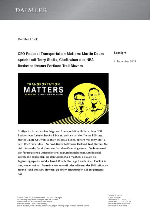 CEO-Podcast Transportation Matters: Martin Daum spricht mit Terry Stotts, Cheftrainer des NBA Basketballteams Portland Trail Blazers