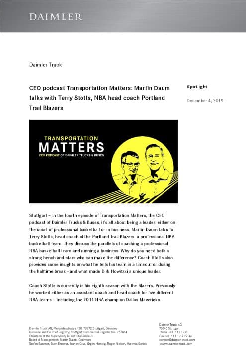 CEO podcast Transportation Matters: Martin Daum talks with Terry Stotts, NBA head coach Portland Trail Blazers