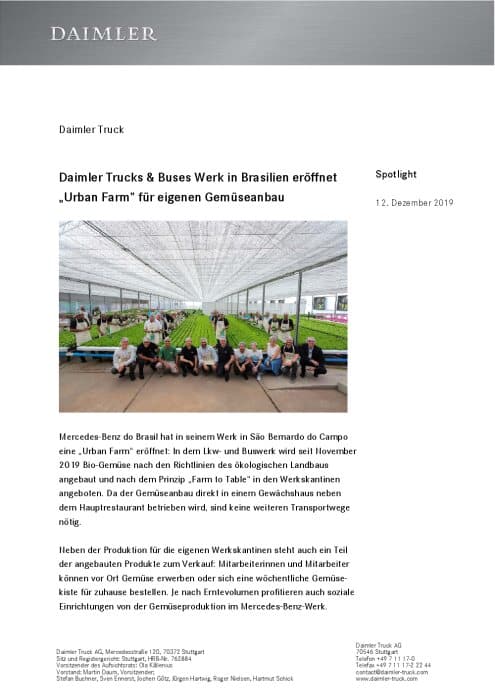 Daimler Trucks & Buses Werk in Brasilien eröffnet „Urban Farm” für eigenen Gemüseanbau