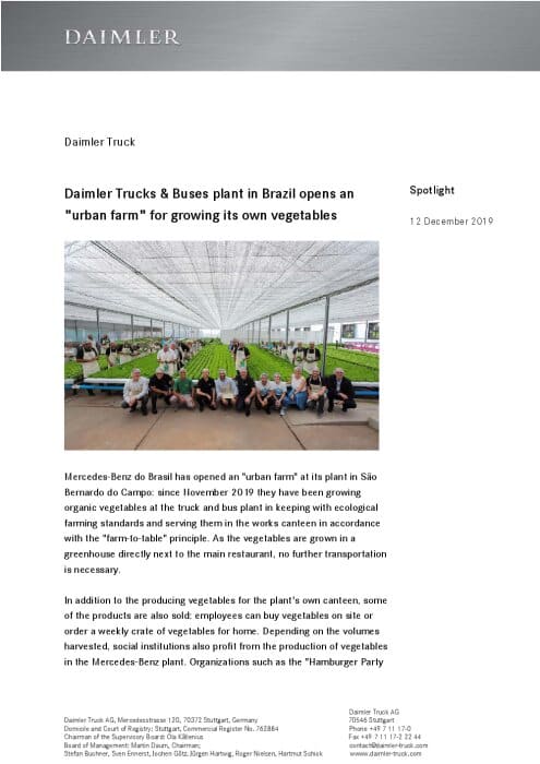 Daimler Trucks & Buses plant in Brazil opens an "urban farm" for growing its own vegetables