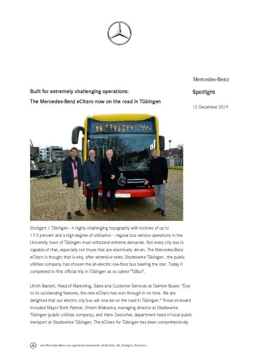 Built for extremely challenging operations: The Mercedes-Benz eCitaro now on the road in Tübingen