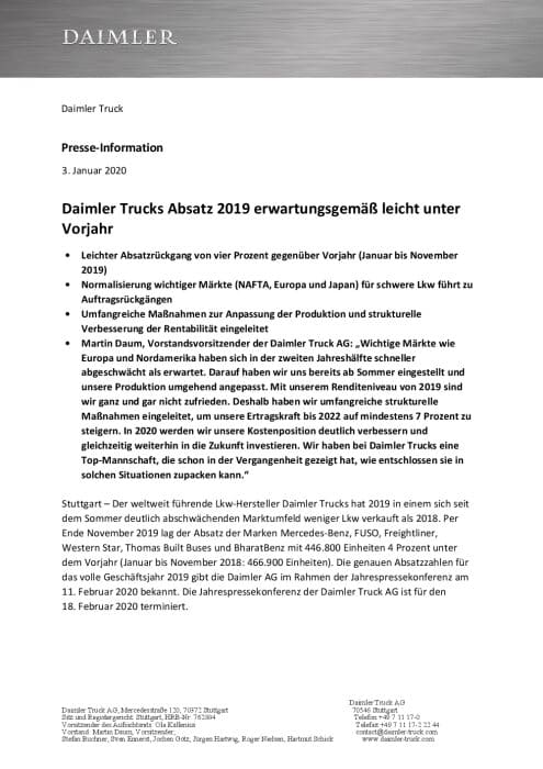 Daimler Trucks Absatz 2019 erwartungsgemäß leicht unter Vorjahr