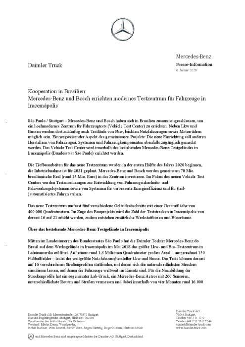 Kooperation in Brasilien:  Mercedes-Benz und Bosch errichten modernes Testzentrum für Fahrzeuge in Iracemápolis