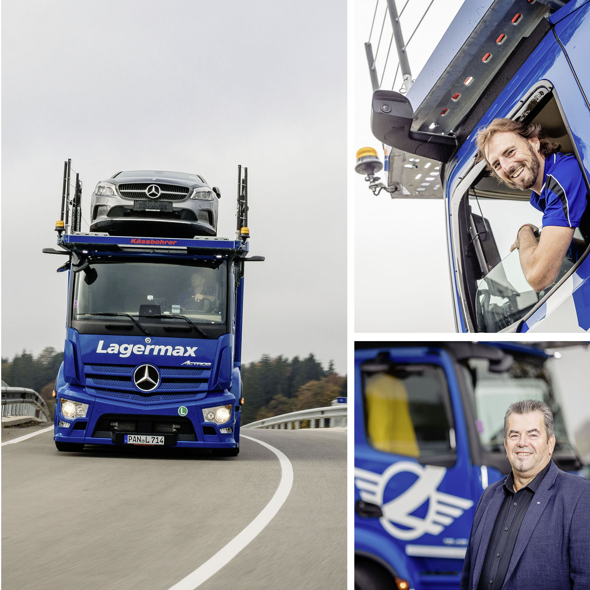 Der neue Actros ist nun erstmals als offener Autotransporter für den österreichischen Logistikdienstleister Lagermax unterwegs. Im Bild: Franz Birgmann, Prokurist und Fuhrparkleiter Lagermax Autotransport GmbH in Salzburg, und Fahrer Christian Lippeck. Effizient unterwegs, flexibel im Aufbau: neuer Actros erstmals als offener Autotransporter